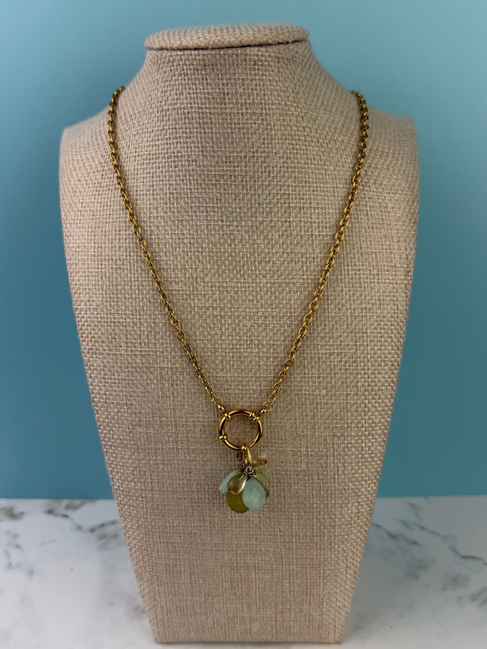 Modern Boho Gold Tone Necklace with Sea Glass Cluster Charm